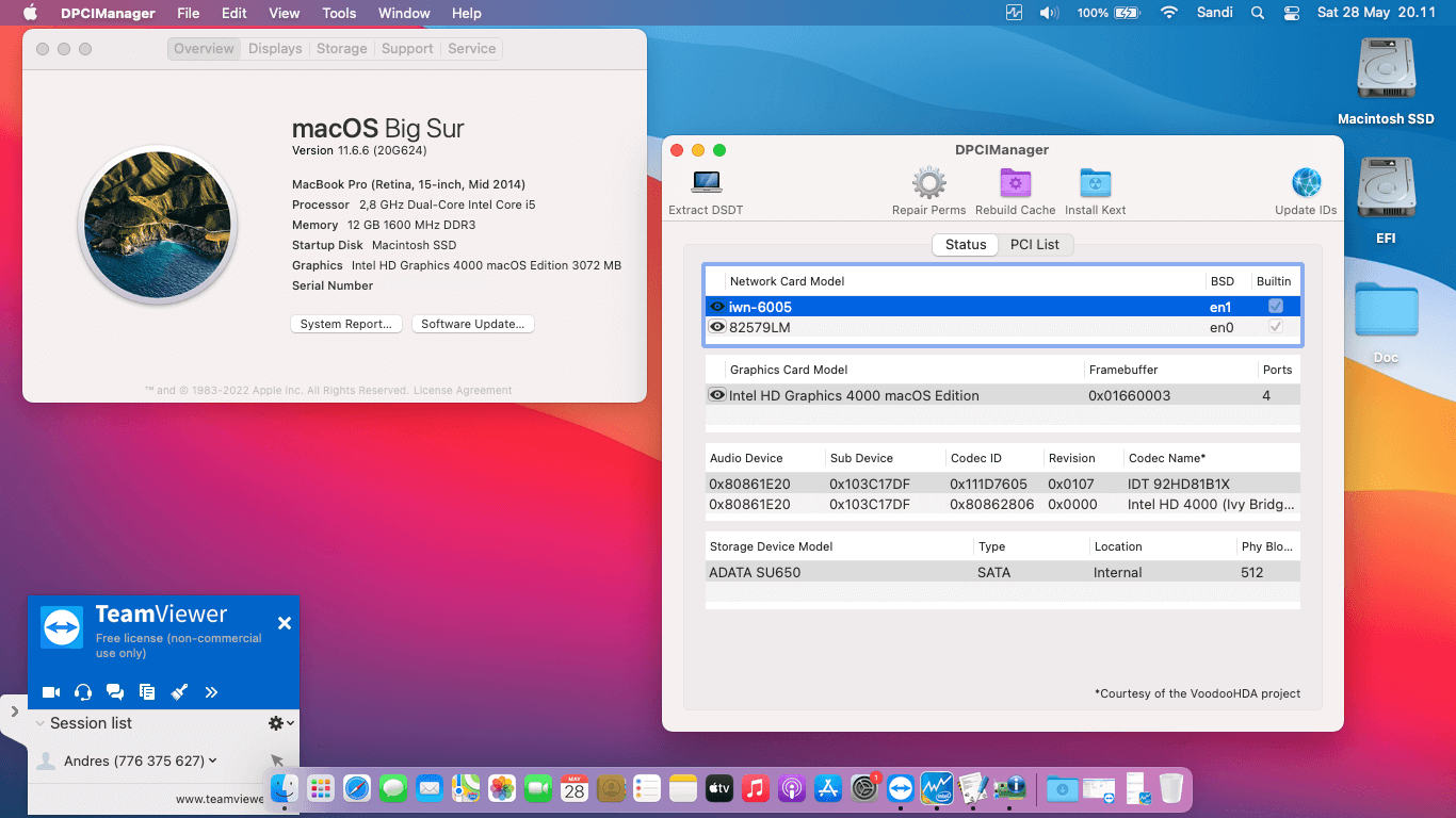Success Hackintosh macOS Big Sur 11.6.6 Build 20G624 in HP Elitebook 2570P